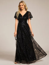 Glitter V-neck Sequin A-Line Long Formal Dress